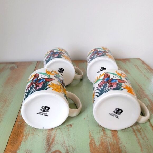 Vintage Butterfly & Flora Panstone Tropical Ceramic Set of 4 Coffee Mugs - Picture 7 of 15